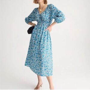 J. Crew V-neck Midi Dress in Blue Blooms Blockprint